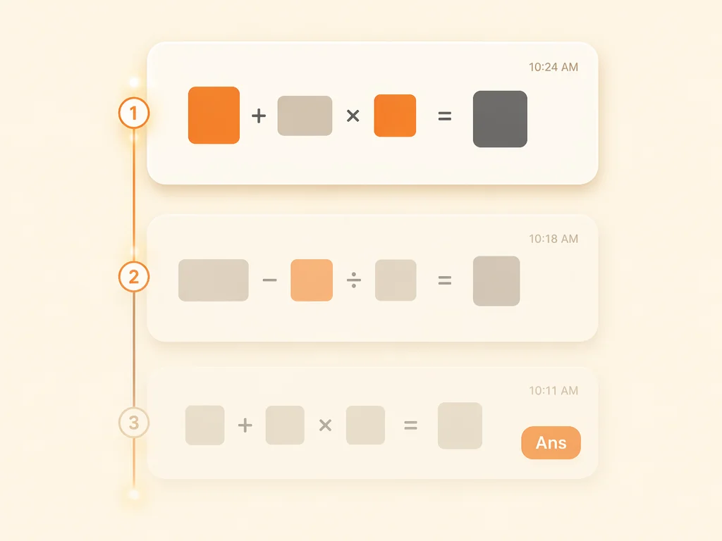 Three calculation history cards arranged in a vertical timeline connected by the Ans key