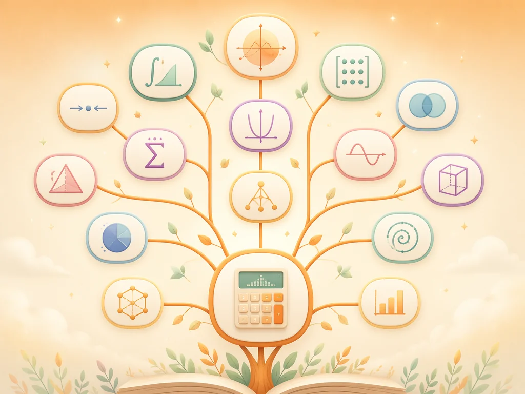 Scientific calculator concept map showing connected math functions and topics in a knowledge tree layout
