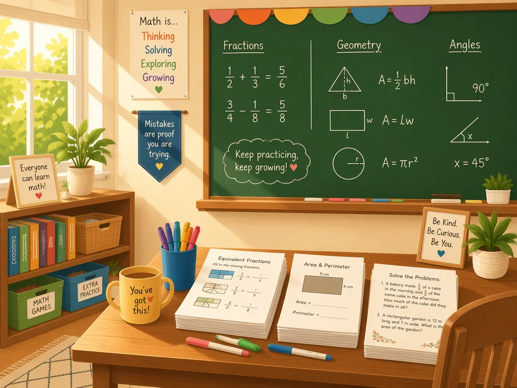 Warm classroom corner with chalkboard math equations and printed math worksheets on a teacher's desk, natural sunlight creating an inviting learning atmosphere