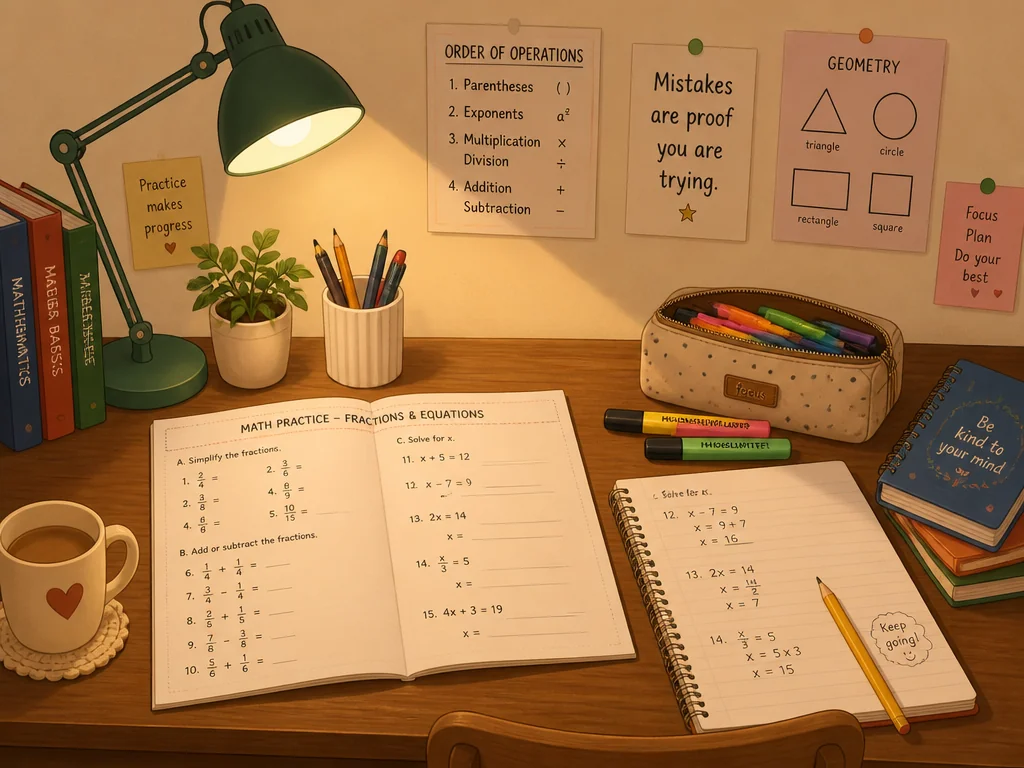 Cozy home study desk with a printed math worksheet, colorful highlighters, and warm desk lamp creating a focused homework revision setting