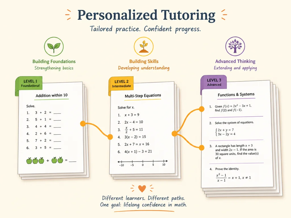 Three stacks of differentiated math worksheets with colored tabs representing personalized tutoring levels, connected by warm orange learning path lines