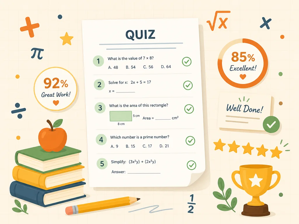 Math assessment sheet with numbered questions and green checkmarks, surrounded by floating math symbols and score indicators in warm encouraging tones