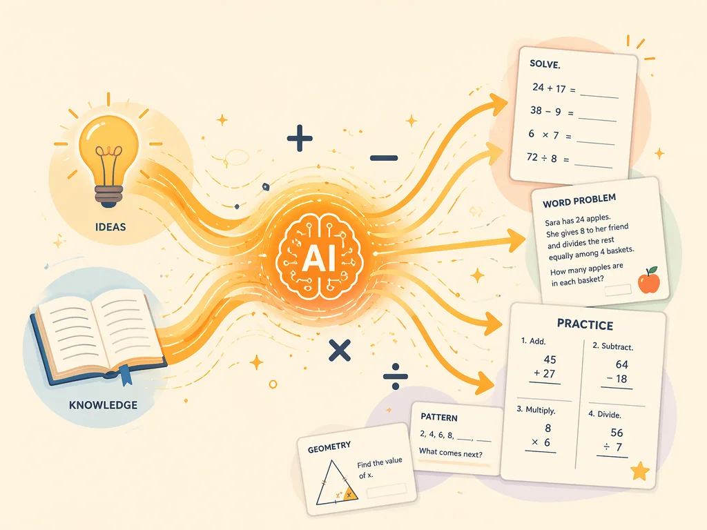AI math worksheets generator concept showing ideas transforming into structured math problems through a flowing orange energy stream