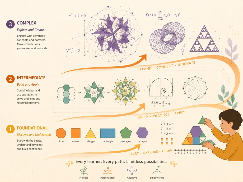 Flexible math worksheet generator concept with layered levels from simple to complex math patterns, warm orange accents connecting learning stages