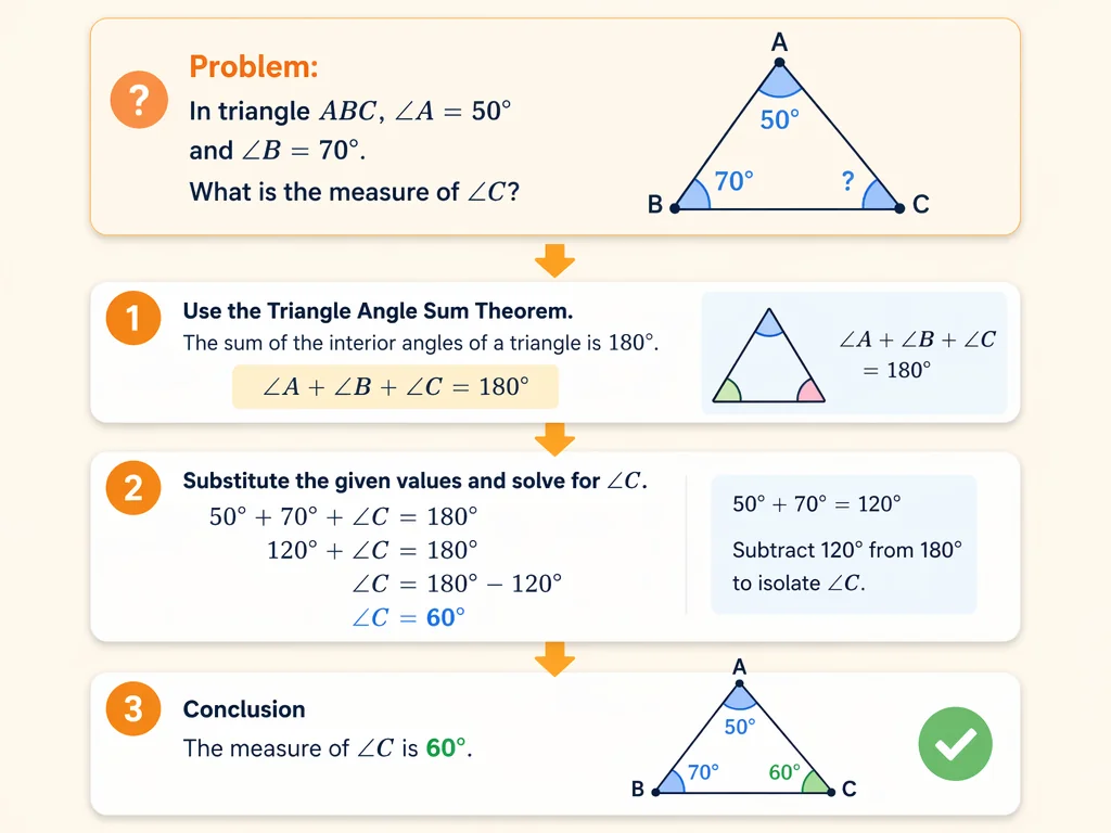 Step-by-step math solution flow diagram with numbered cards showing problem, intermediate steps, and final answer with a green checkmark, connected by orange arrows in an educational process layout