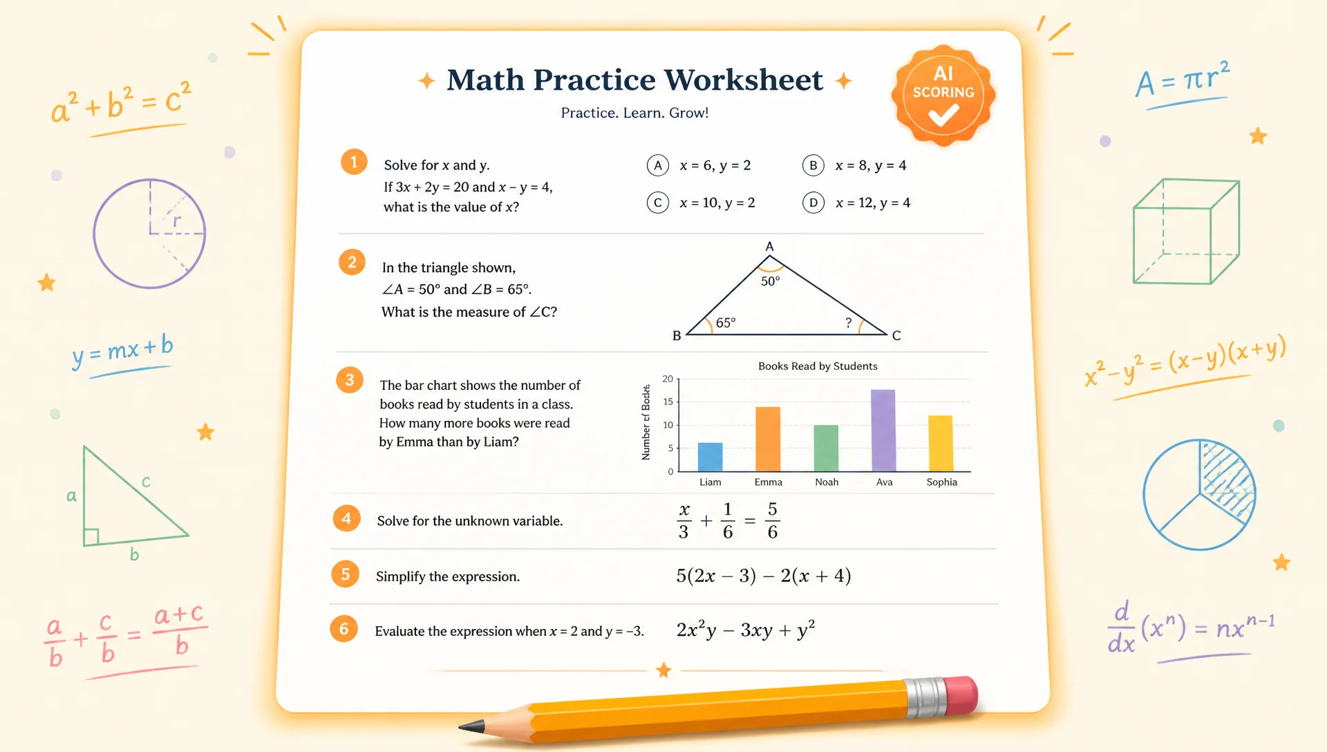 A math worksheet with 5-6 sample problems in clean rows — algebra multiple choice, geometry diagram, statistics chart, and fraction equation — with orange AI scoring badge and soft glowing edges
