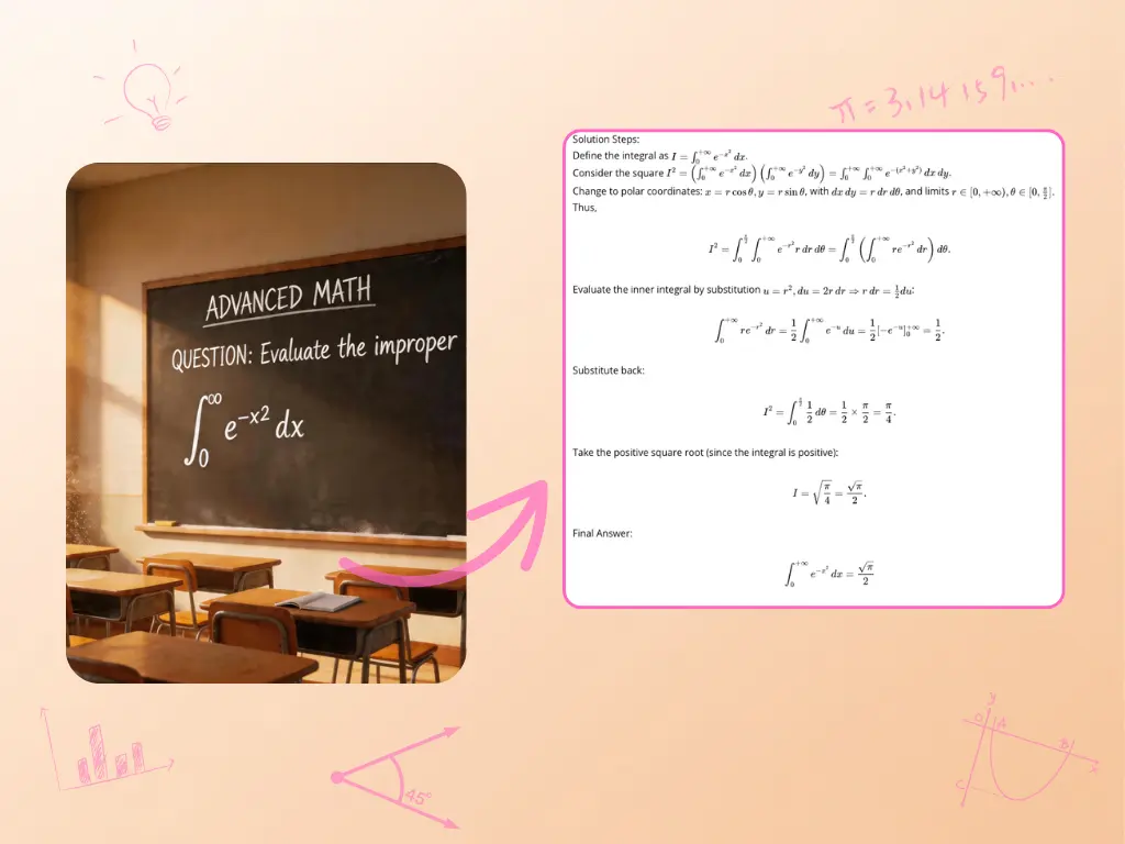 Photo math solver for advanced calculus, evaluating the improper integral of e^(-x²) from 0 to infinity with full solution steps.