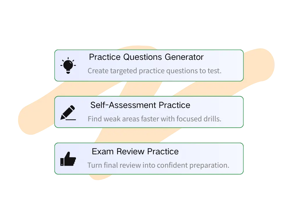 AI practice generator offers practice questions, self-assessment drills, and exam review practice for better learning.