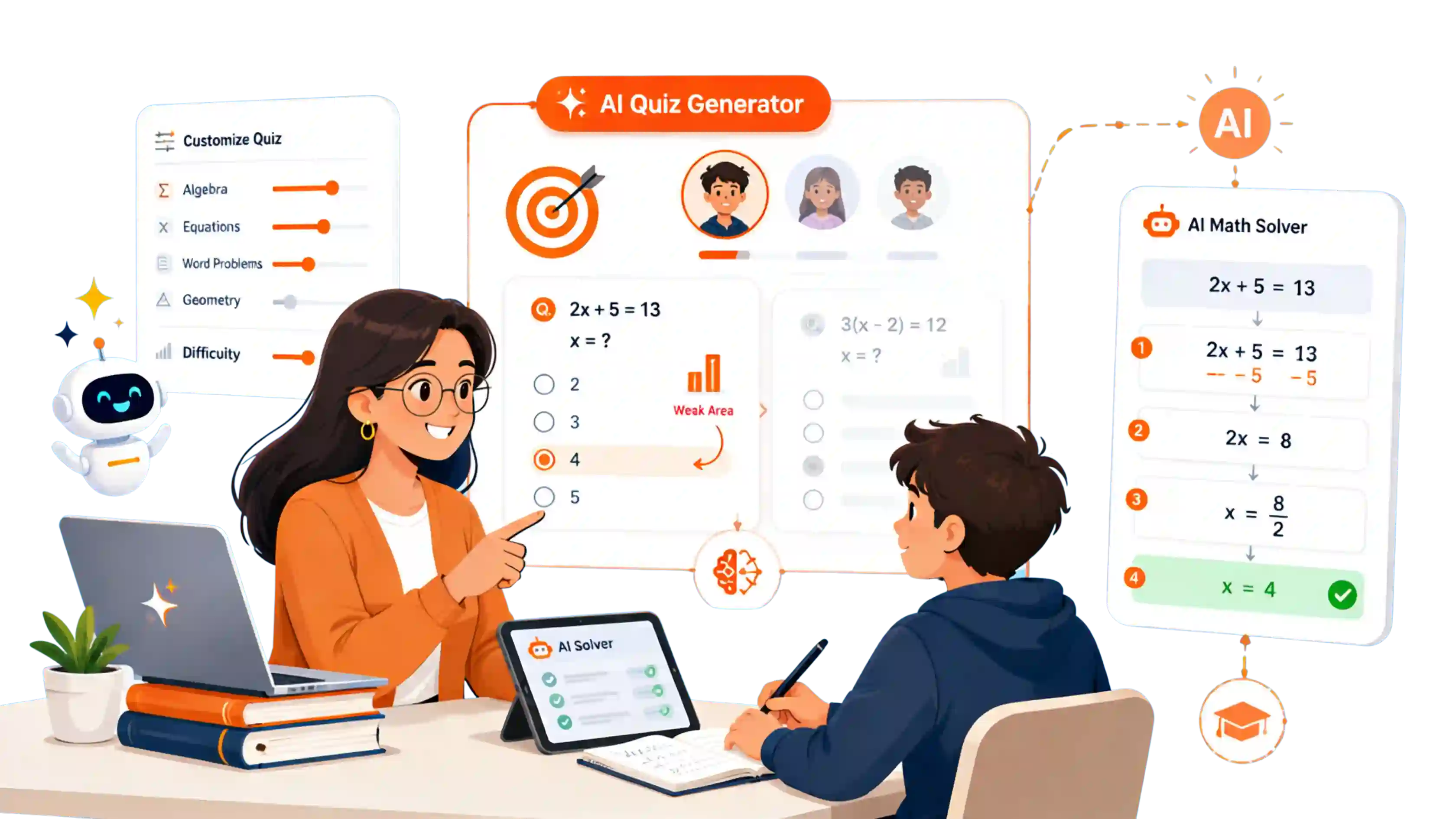 AI quiz generator for personalized math practice with weak area detection and step by step solver support.