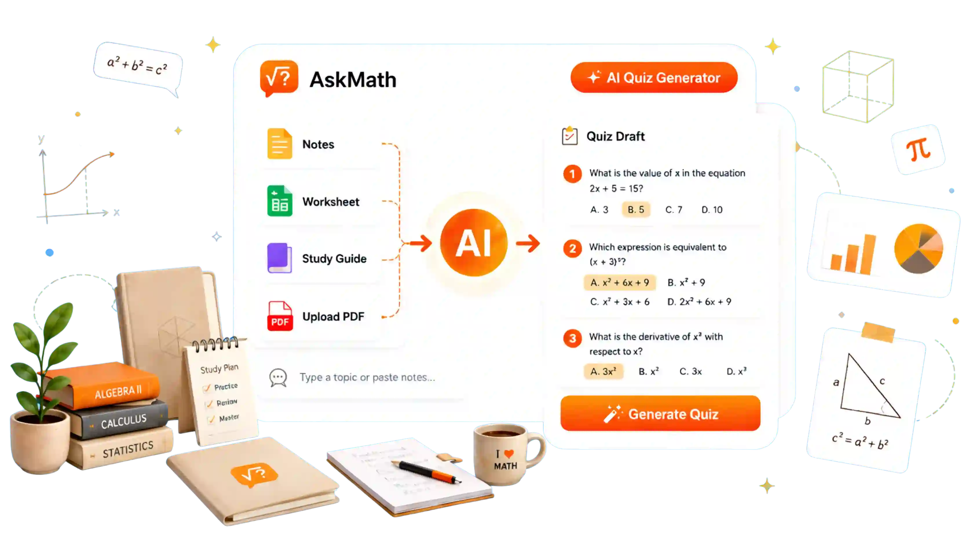 AI quiz generator turning PDFs, notes, handouts, and study guides into reusable quiz questions.
