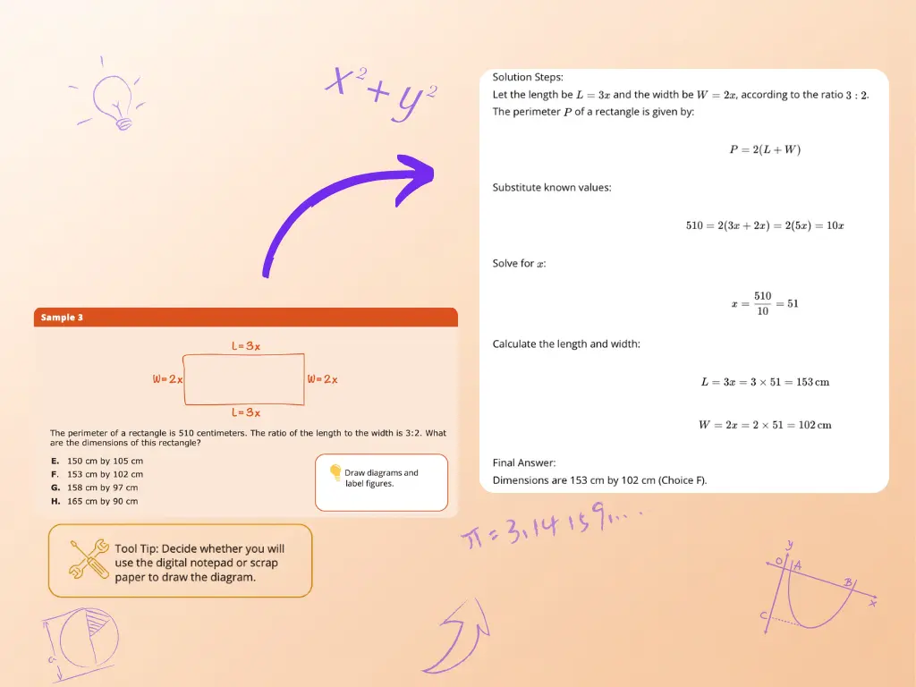 Word problem solver example for a rectangle ratio problem, finding the length and width from a given perimeter and side ratio with step by step reasoning.